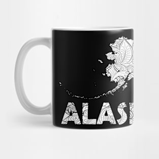 Mandala art map of Alaska with text in white Mug